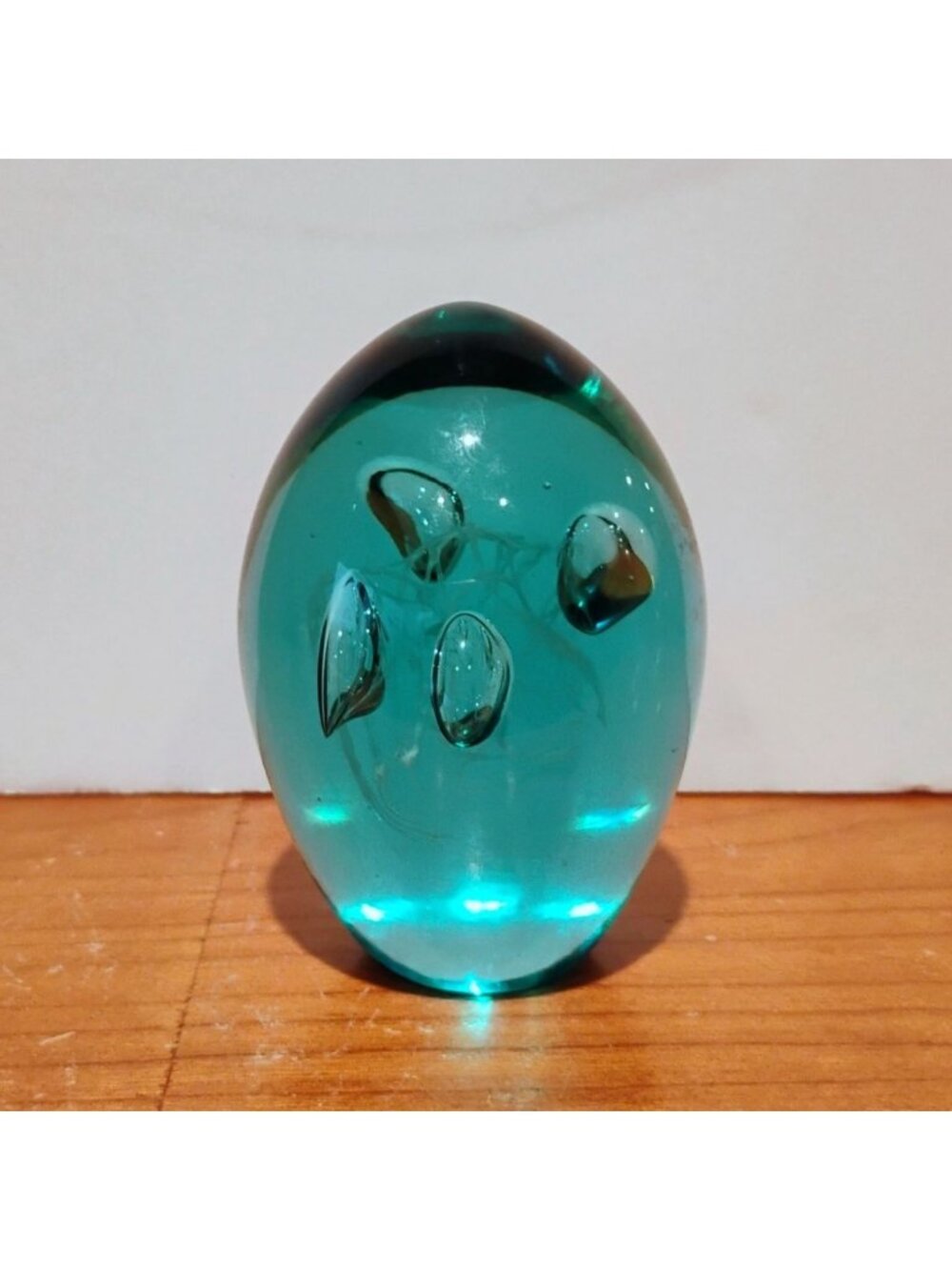 Hand Blown Signed Art Glass Paperweight Green Egg w/Bubbles Jellyfish Design 3"